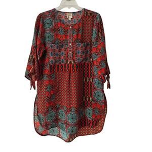 Fig and Flower Boho Tunic Top Red Blue Paisley Print Blouse -Size S